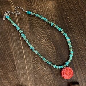 Turquoise and Red Rose Necklace